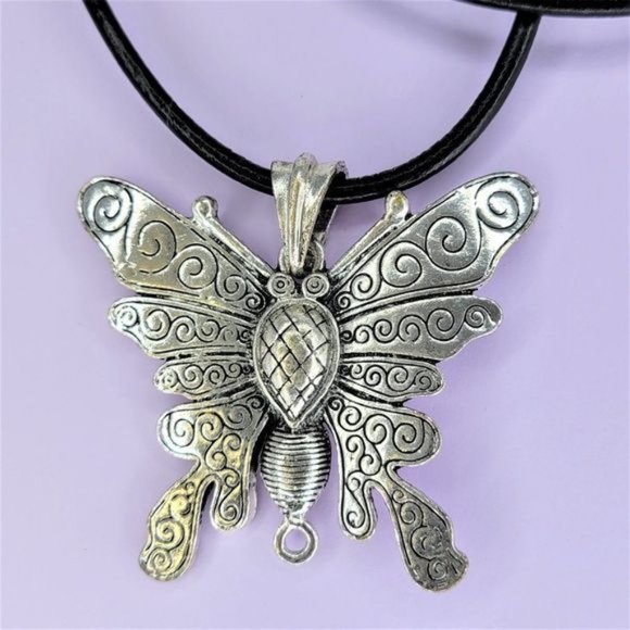 Huge Butterfly Statement Pendant Necklace  Chunky Pendant on a Black cord - Picture 2 of 4